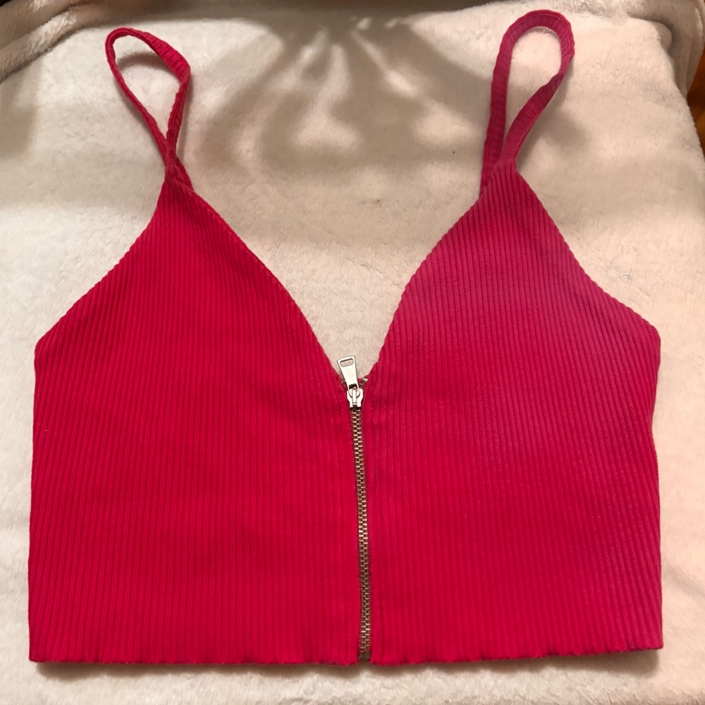 Zara Hot Pink Ribbed Zip-Front Crop Cami